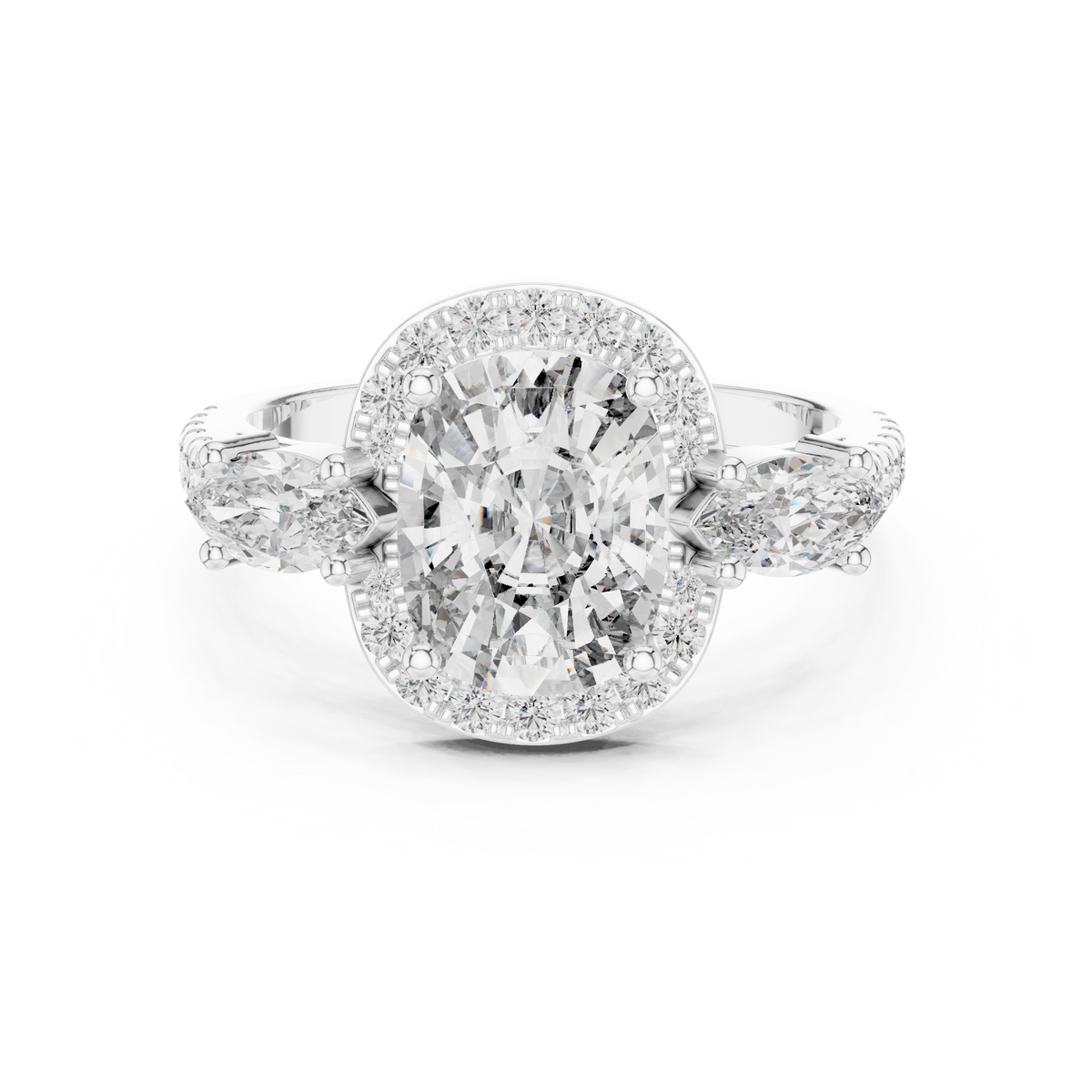 Halo Three Stone Ring - Cushion | DDLR-200