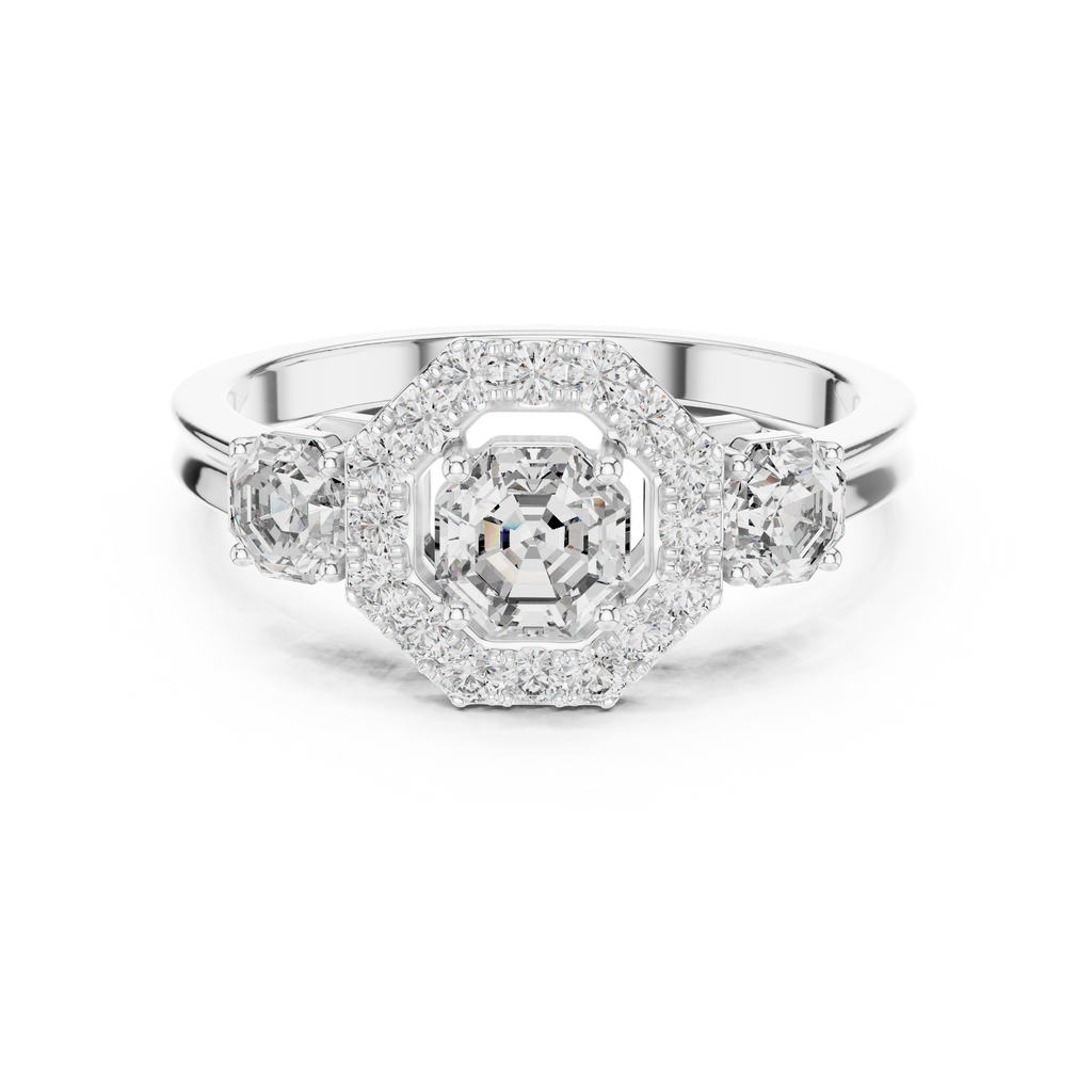 Halo Three Stone Ring - Asscher | LR-0032